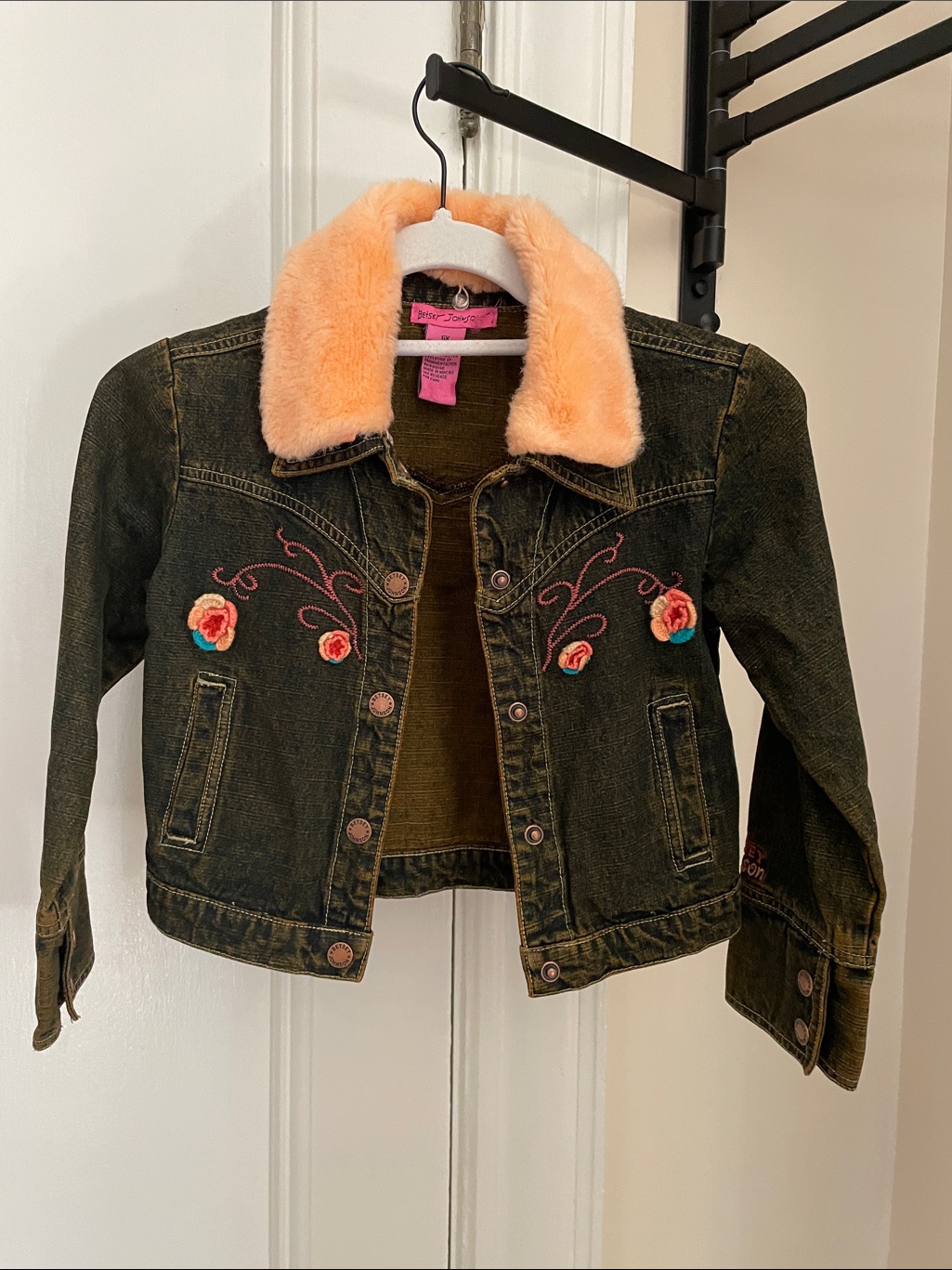 Girls' Vintagebetsey Johnson Embroidered Denim Jacket With Peach Faux-Fur Collar